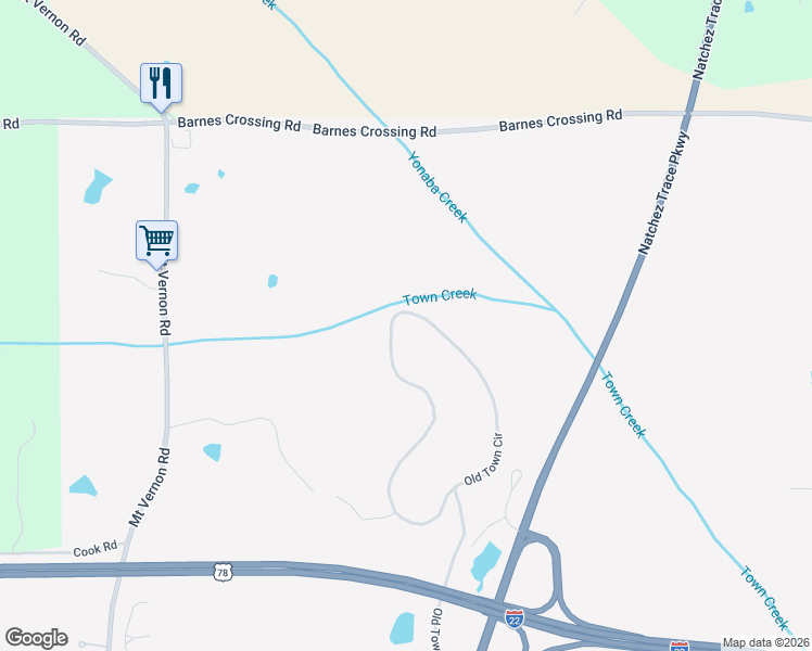 map of restaurants, bars, coffee shops, grocery stores, and more near 3808 Old Town Circle in Tupelo