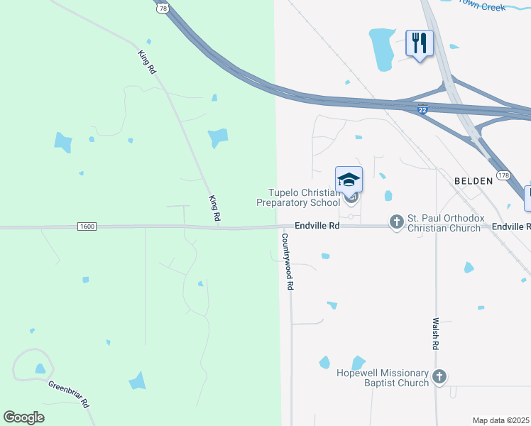 map of restaurants, bars, coffee shops, grocery stores, and more near 5594 Endville Road in Tupelo