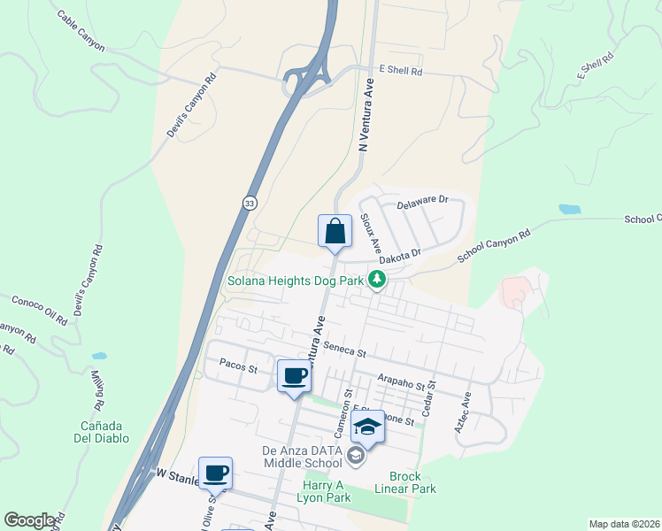 map of restaurants, bars, coffee shops, grocery stores, and more near 2802 North Ventura Avenue in Ventura