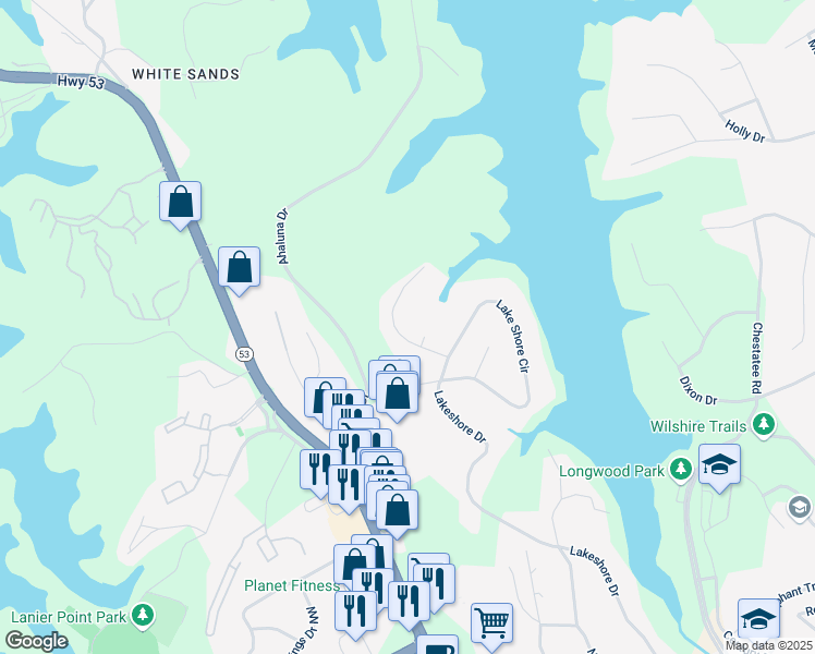 map of restaurants, bars, coffee shops, grocery stores, and more near 1466 West Lake Drive in Gainesville