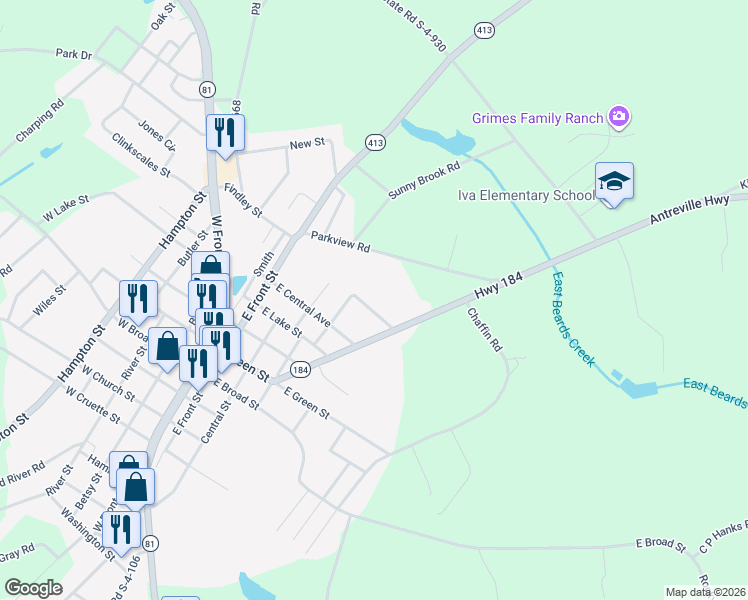 map of restaurants, bars, coffee shops, grocery stores, and more near 113 Simpson Street in Iva
