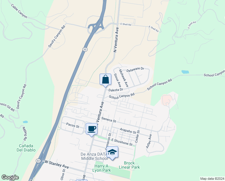 map of restaurants, bars, coffee shops, grocery stores, and more near 68 Dakota Drive in Ventura