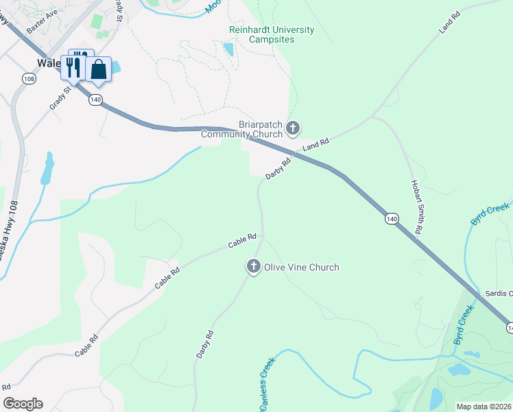 map of restaurants, bars, coffee shops, grocery stores, and more near 2051 Darby Road in Waleska