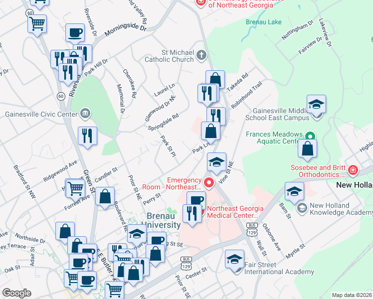 map of restaurants, bars, coffee shops, grocery stores, and more near 1157 Saint Charles Place in Gainesville