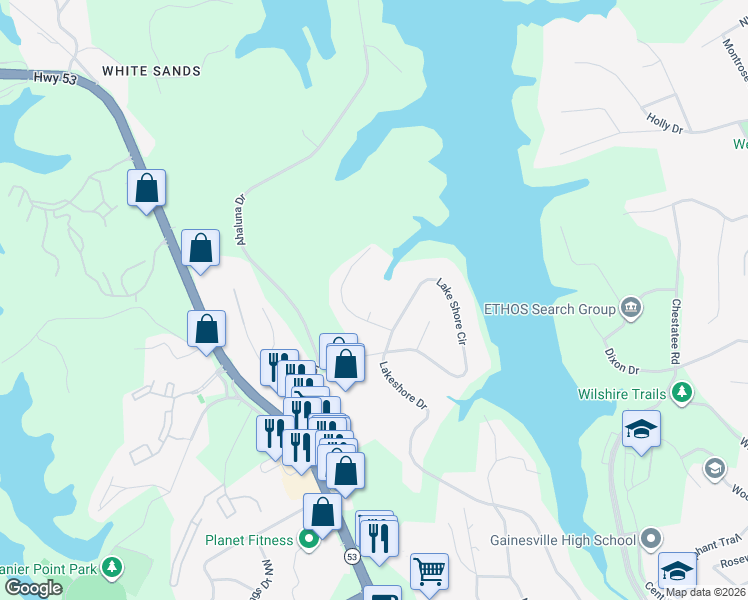 map of restaurants, bars, coffee shops, grocery stores, and more near 1476 West Lake Drive in Gainesville