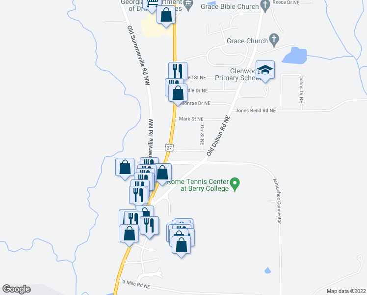 map of restaurants, bars, coffee shops, grocery stores, and more near 41 Old School Road Northeast in Rome