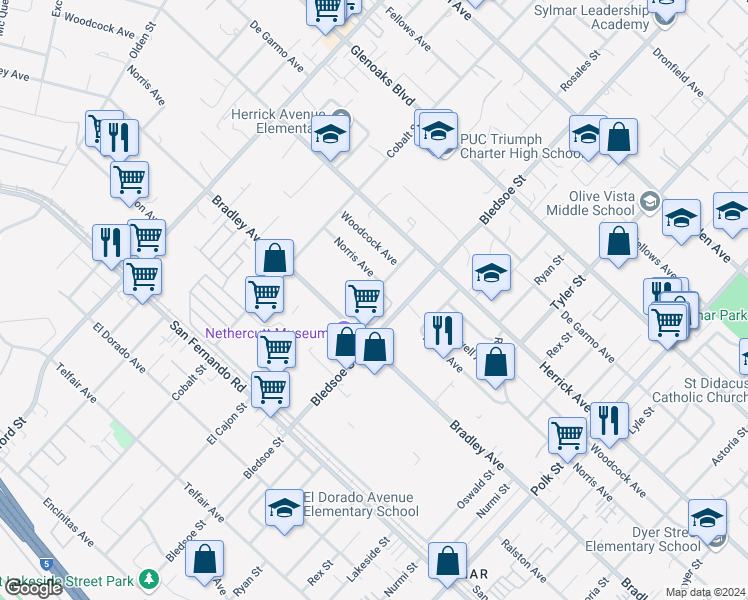 map of restaurants, bars, coffee shops, grocery stores, and more near 13120 Bradley Avenue in Los Angeles