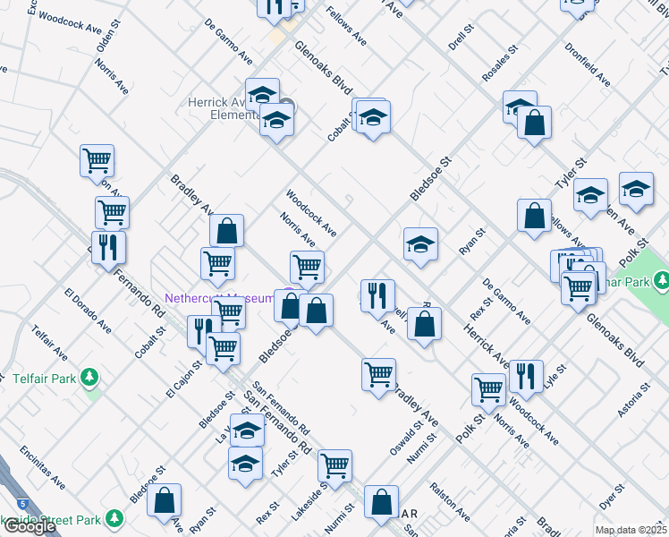 map of restaurants, bars, coffee shops, grocery stores, and more near 13120 Bradley Avenue in Los Angeles