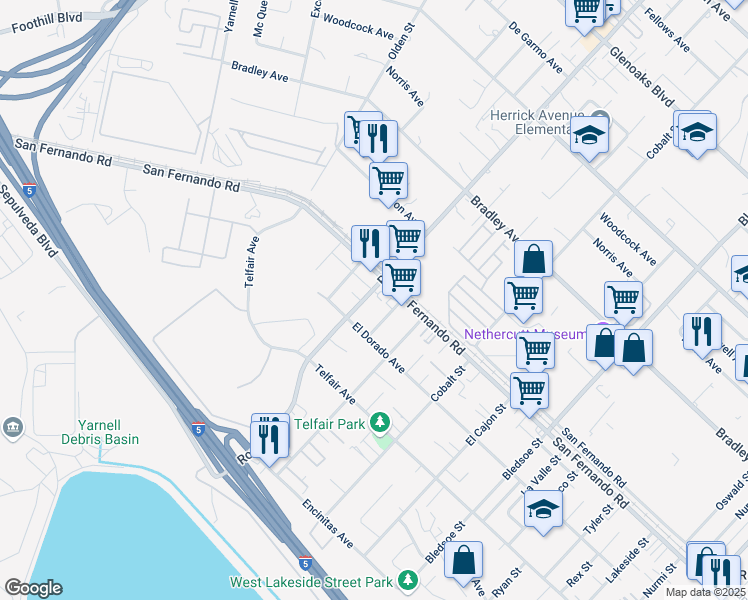 map of restaurants, bars, coffee shops, grocery stores, and more near 15706 Roxford Street in Los Angeles