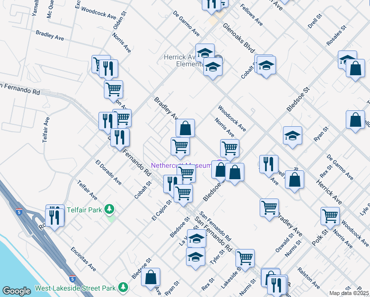 map of restaurants, bars, coffee shops, grocery stores, and more near 15392 Cobalt Street in Los Angeles
