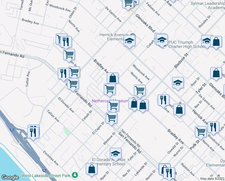 map of restaurants, bars, coffee shops, grocery stores, and more near 15392 Cobalt Street in Los Angeles