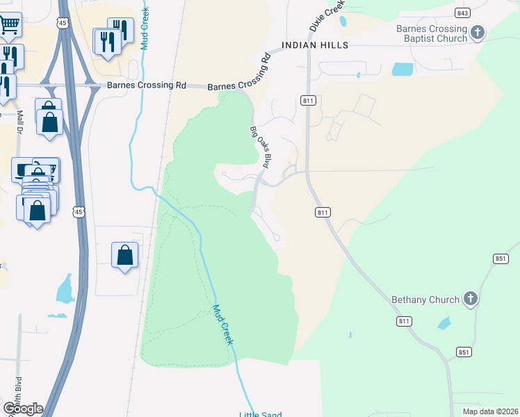 map of restaurants, bars, coffee shops, grocery stores, and more near 3481 Mossey Cup Drive in Saltillo