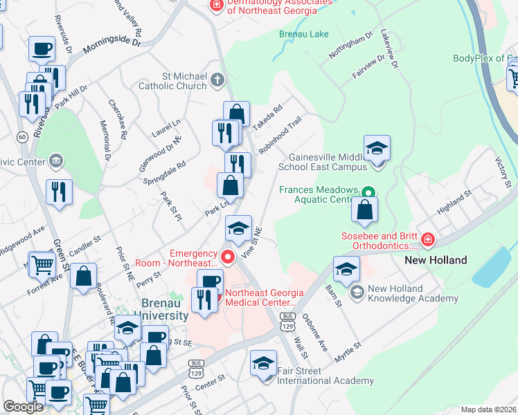 map of restaurants, bars, coffee shops, grocery stores, and more near 1309 Vine Street Northeast in Gainesville