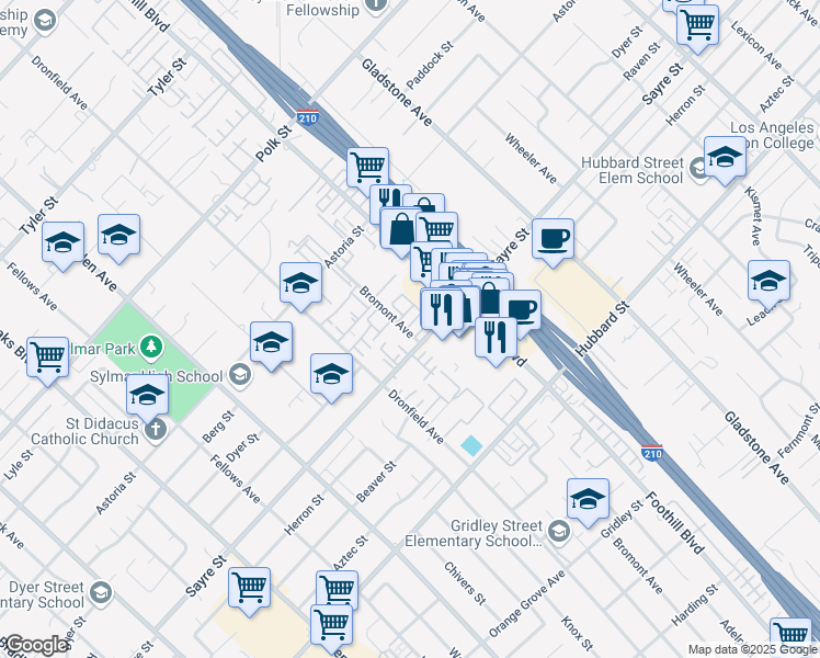 map of restaurants, bars, coffee shops, grocery stores, and more near 13100 Bromont Avenue in Los Angeles