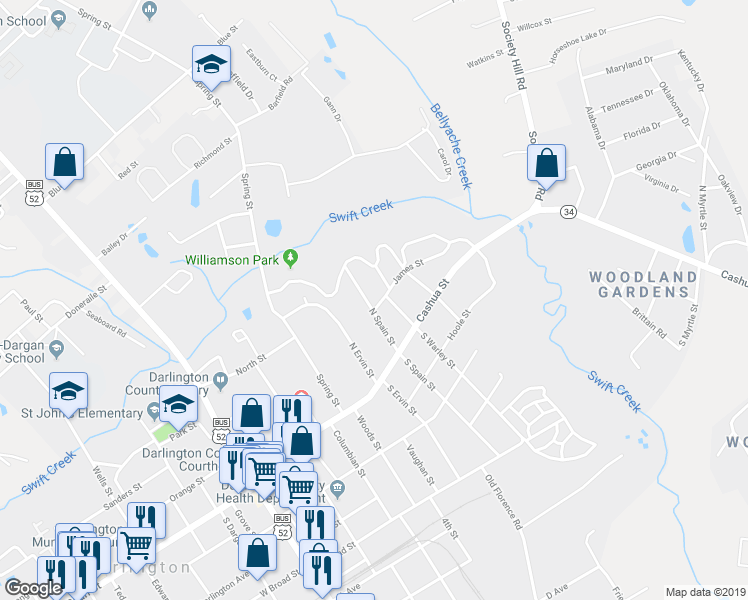 map of restaurants, bars, coffee shops, grocery stores, and more near 112 North Spain Street in Darlington