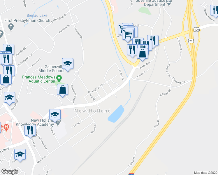 map of restaurants, bars, coffee shops, grocery stores, and more near 3 Spring Street in Gainesville