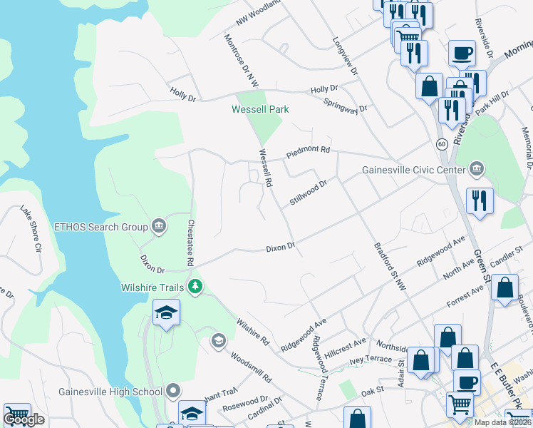 map of restaurants, bars, coffee shops, grocery stores, and more near 1049 Hartwell Crossing in Gainesville
