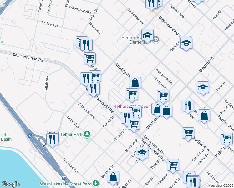 map of restaurants, bars, coffee shops, grocery stores, and more near 15445 Cobalt Street in Los Angeles