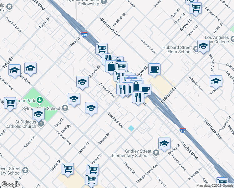 map of restaurants, bars, coffee shops, grocery stores, and more near 13100 Bromont Avenue in Los Angeles
