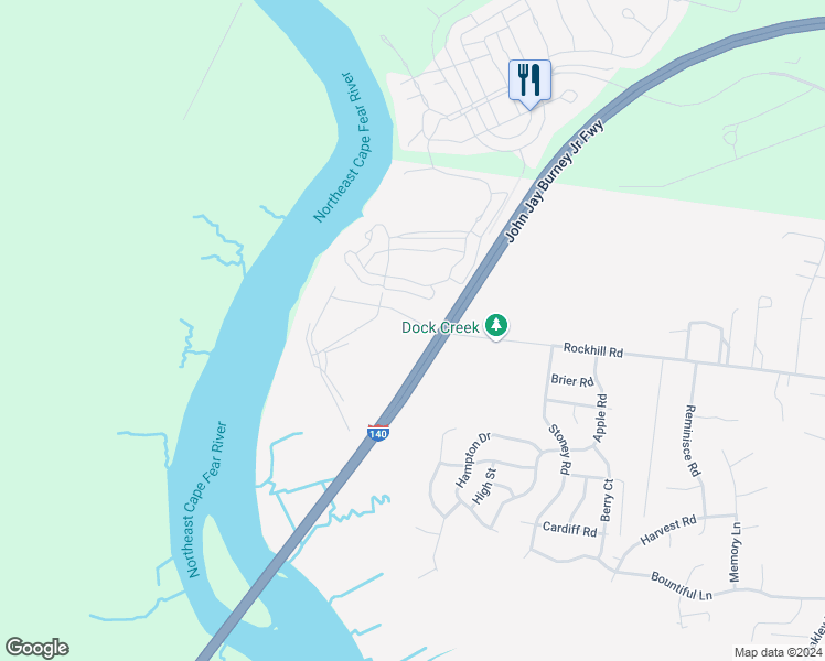map of restaurants, bars, coffee shops, grocery stores, and more near 1330 Rockhill Road in Castle Hayne