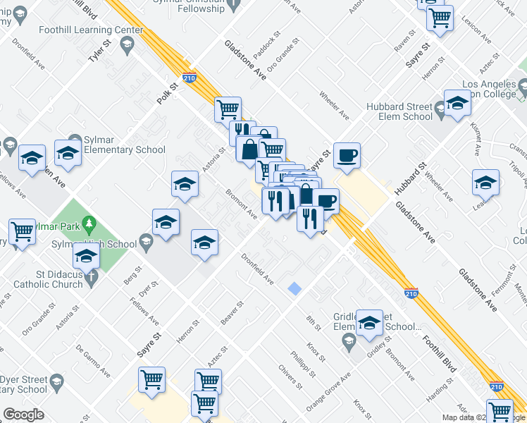 map of restaurants, bars, coffee shops, grocery stores, and more near 13100 Bromont Avenue in Los Angeles
