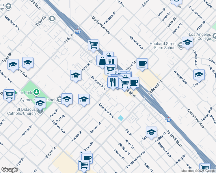 map of restaurants, bars, coffee shops, grocery stores, and more near 13100 Bromont Avenue in Los Angeles