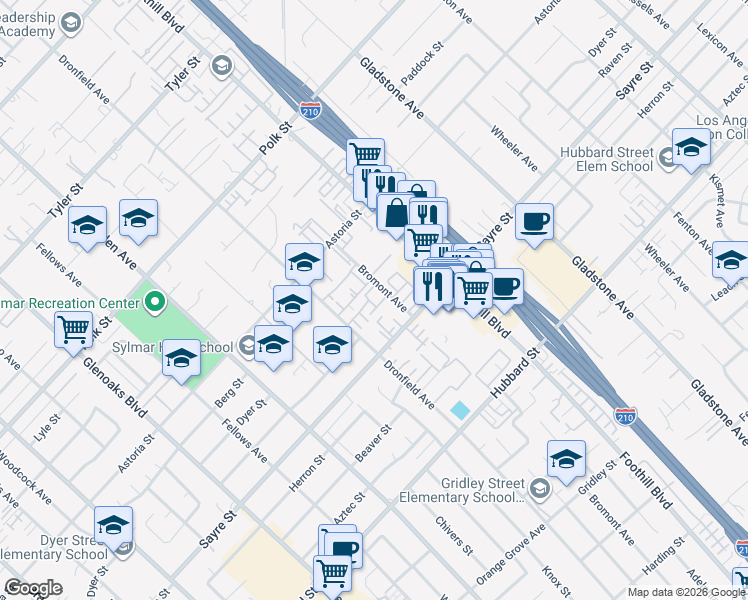 map of restaurants, bars, coffee shops, grocery stores, and more near 13145 Bromont Avenue in Los Angeles