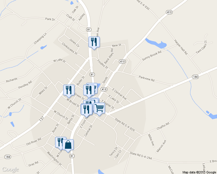 map of restaurants, bars, coffee shops, grocery stores, and more near 23 East Central Avenue in Iva