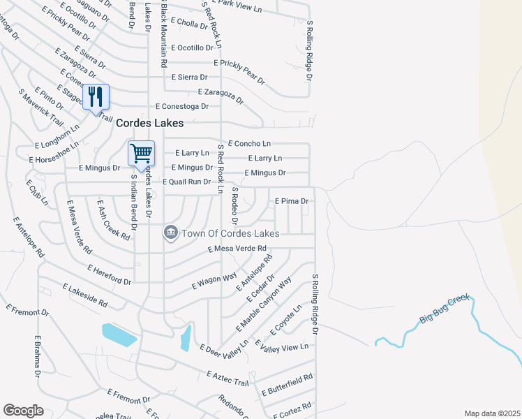 map of restaurants, bars, coffee shops, grocery stores, and more near 16036 Maricopa Drive in Mayer