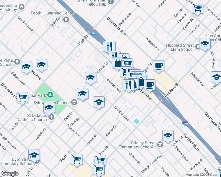 map of restaurants, bars, coffee shops, grocery stores, and more near 13145 Bromont Avenue in Los Angeles