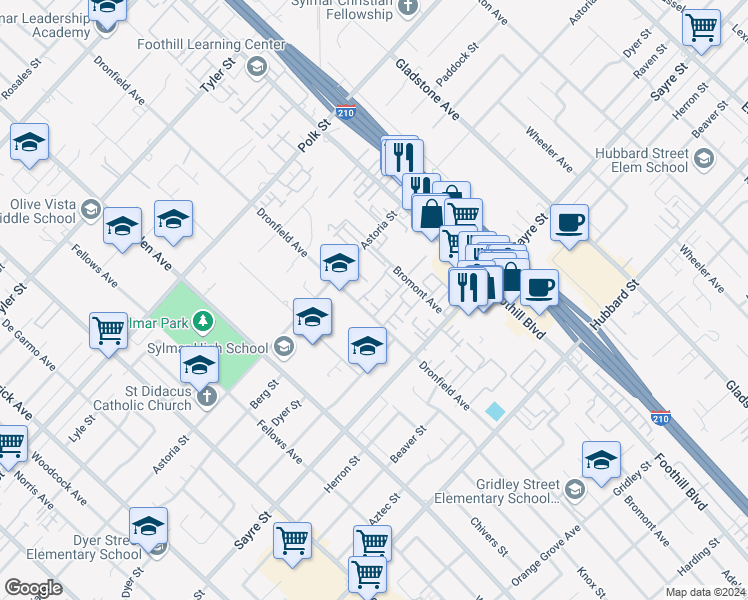 map of restaurants, bars, coffee shops, grocery stores, and more near 13130 1/2 Dronfield Avenue in Los Angeles