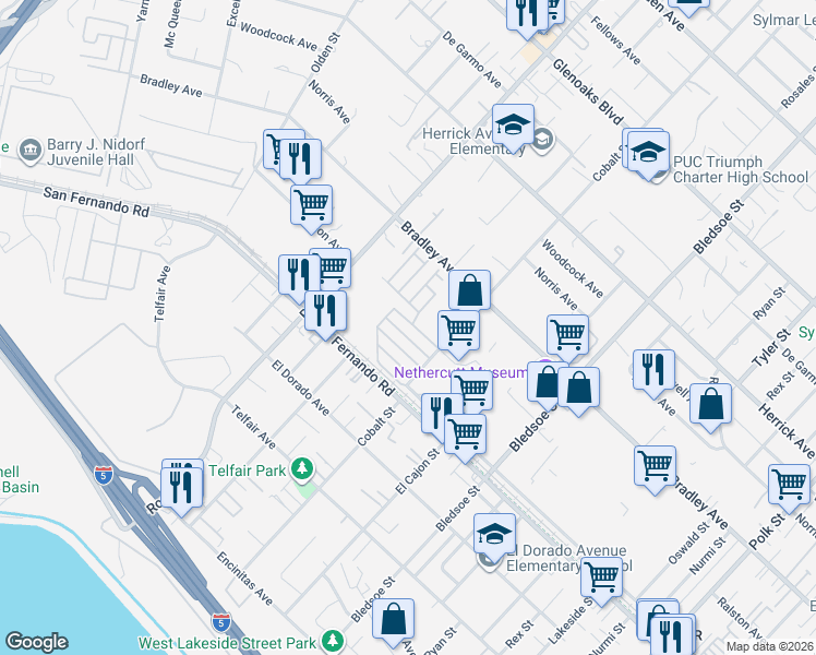 map of restaurants, bars, coffee shops, grocery stores, and more near 15445 Cobalt Street in Los Angeles