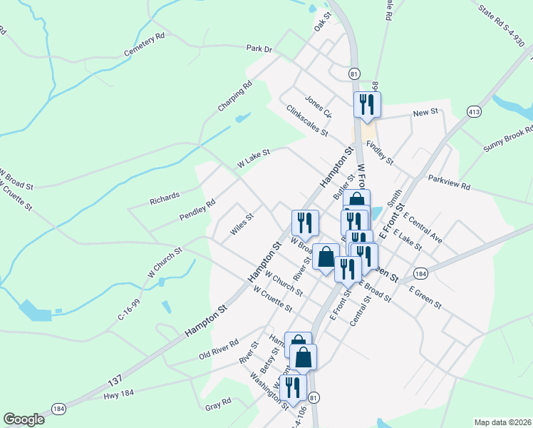 map of restaurants, bars, coffee shops, grocery stores, and more near 406 West Broad Street in Iva