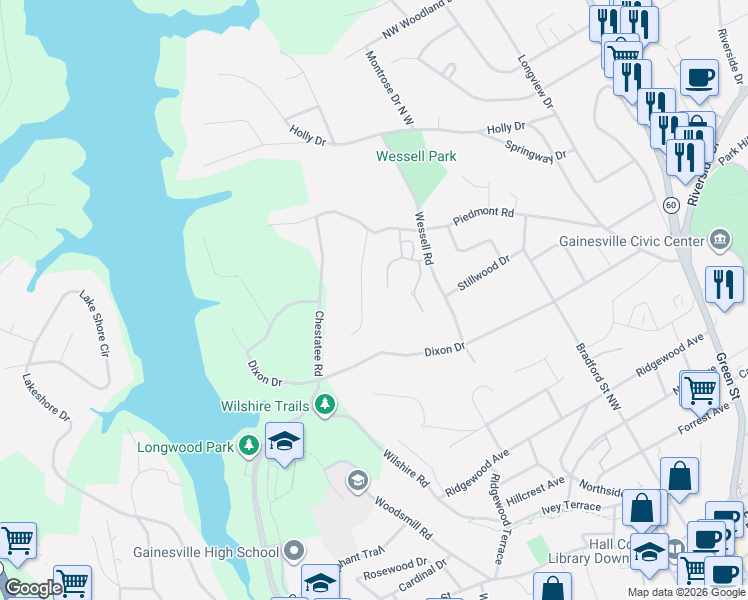 map of restaurants, bars, coffee shops, grocery stores, and more near 1242 Bloomsbury Lane in Gainesville