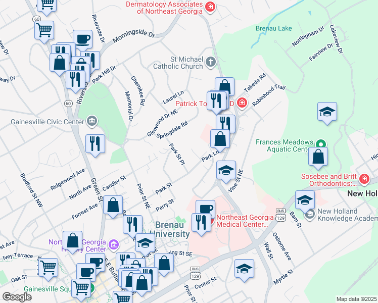map of restaurants, bars, coffee shops, grocery stores, and more near 1165 Saint Charles Place in Gainesville