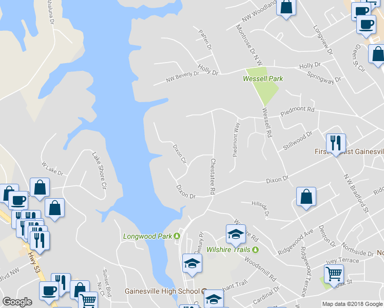 map of restaurants, bars, coffee shops, grocery stores, and more near 908 Tall Oaks Drive in Gainesville