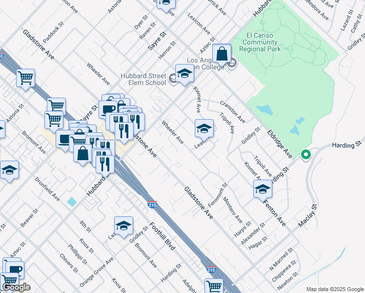 map of restaurants, bars, coffee shops, grocery stores, and more near 13163 Wheeler Avenue in Los Angeles