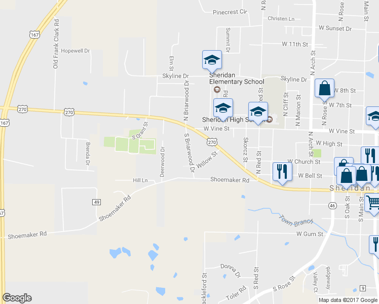 map of restaurants, bars, coffee shops, grocery stores, and more near 203 South Briarwood Drive in Sheridan