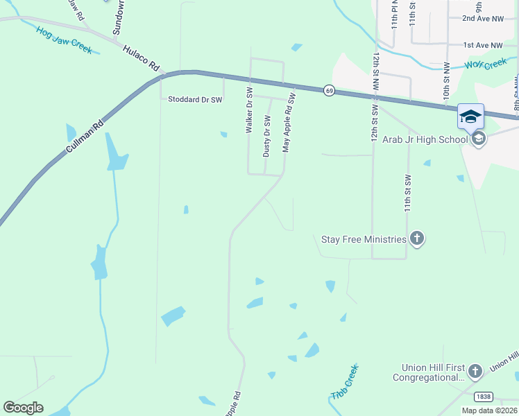 map of restaurants, bars, coffee shops, grocery stores, and more near 461 May Apple Road Southwest in Arab