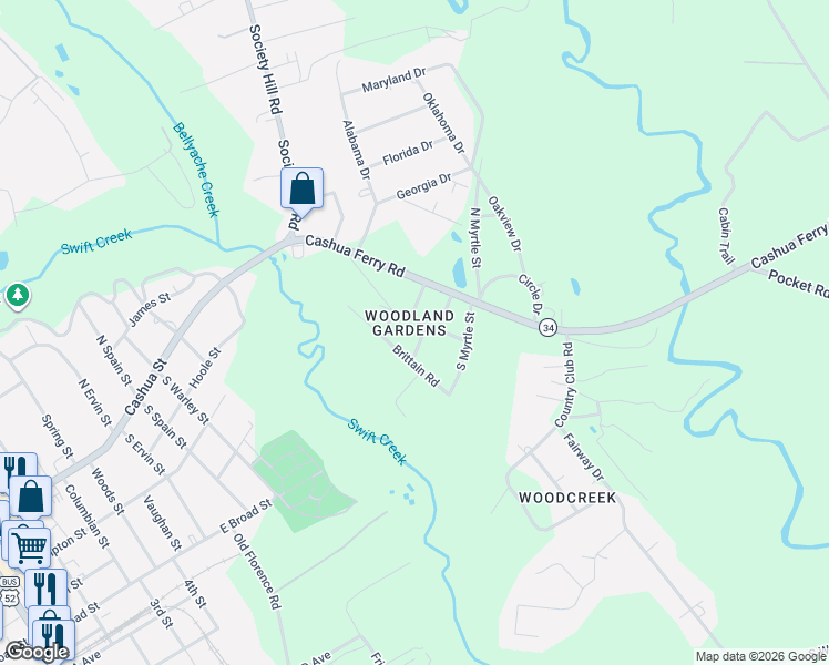 map of restaurants, bars, coffee shops, grocery stores, and more near 100 Clarice Lane in Darlington