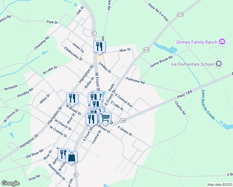 map of restaurants, bars, coffee shops, grocery stores, and more near 23 East Central Avenue in Iva