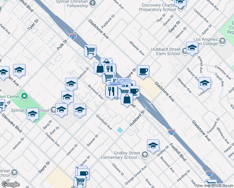 map of restaurants, bars, coffee shops, grocery stores, and more near 13796 Foothill Boulevard in Los Angeles