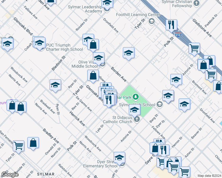 map of restaurants, bars, coffee shops, grocery stores, and more near 13187 Fellows Avenue in Los Angeles
