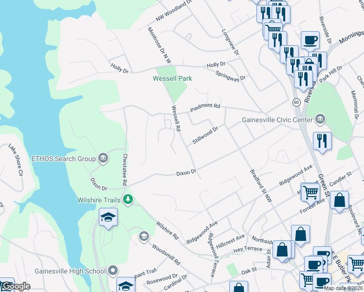 map of restaurants, bars, coffee shops, grocery stores, and more near 1049 Hartwell Crossing in Gainesville
