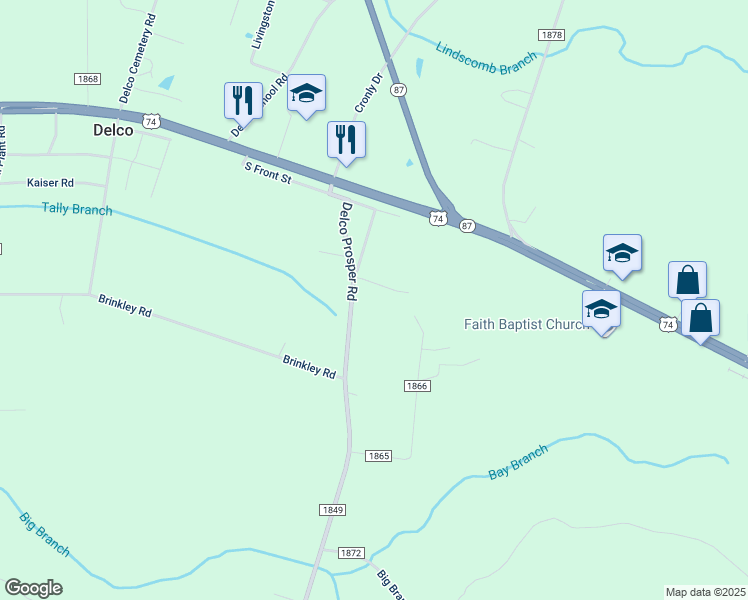 map of restaurants, bars, coffee shops, grocery stores, and more near 341 Delco Prosper Road in Delco