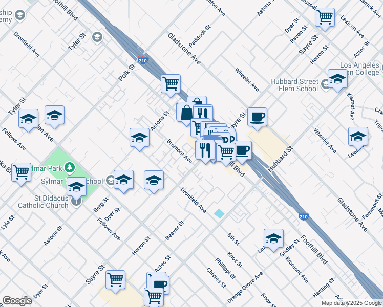 map of restaurants, bars, coffee shops, grocery stores, and more near 13100 Bromont Avenue in Los Angeles