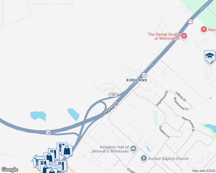 map of restaurants, bars, coffee shops, grocery stores, and more near 8617 Market Street in Wilmington