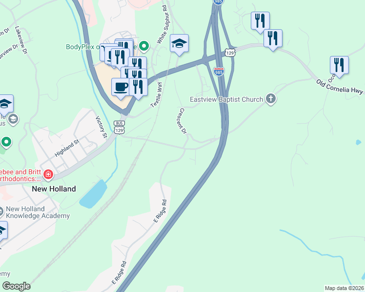 map of restaurants, bars, coffee shops, grocery stores, and more near Crescent Drive in Gainesville