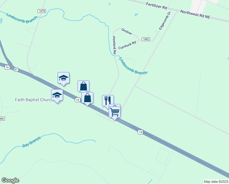 map of restaurants, bars, coffee shops, grocery stores, and more near 378 Pineland Road in Riegelwood