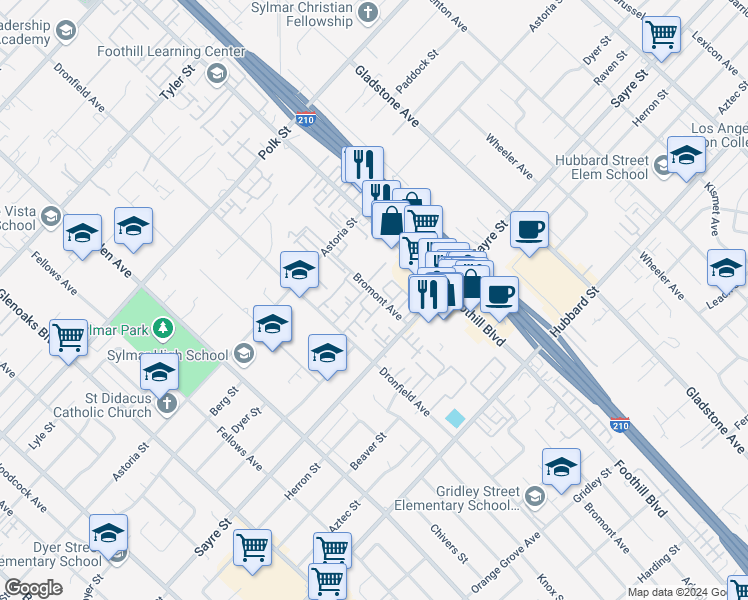 map of restaurants, bars, coffee shops, grocery stores, and more near 13145 Bromont Avenue in Los Angeles